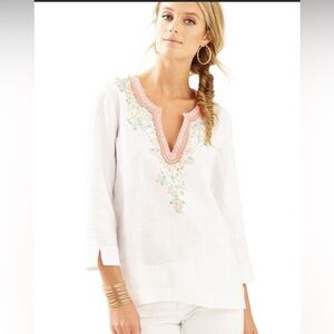 Lilly Pulitzer White Tunic with Pink and Blue Embroidery